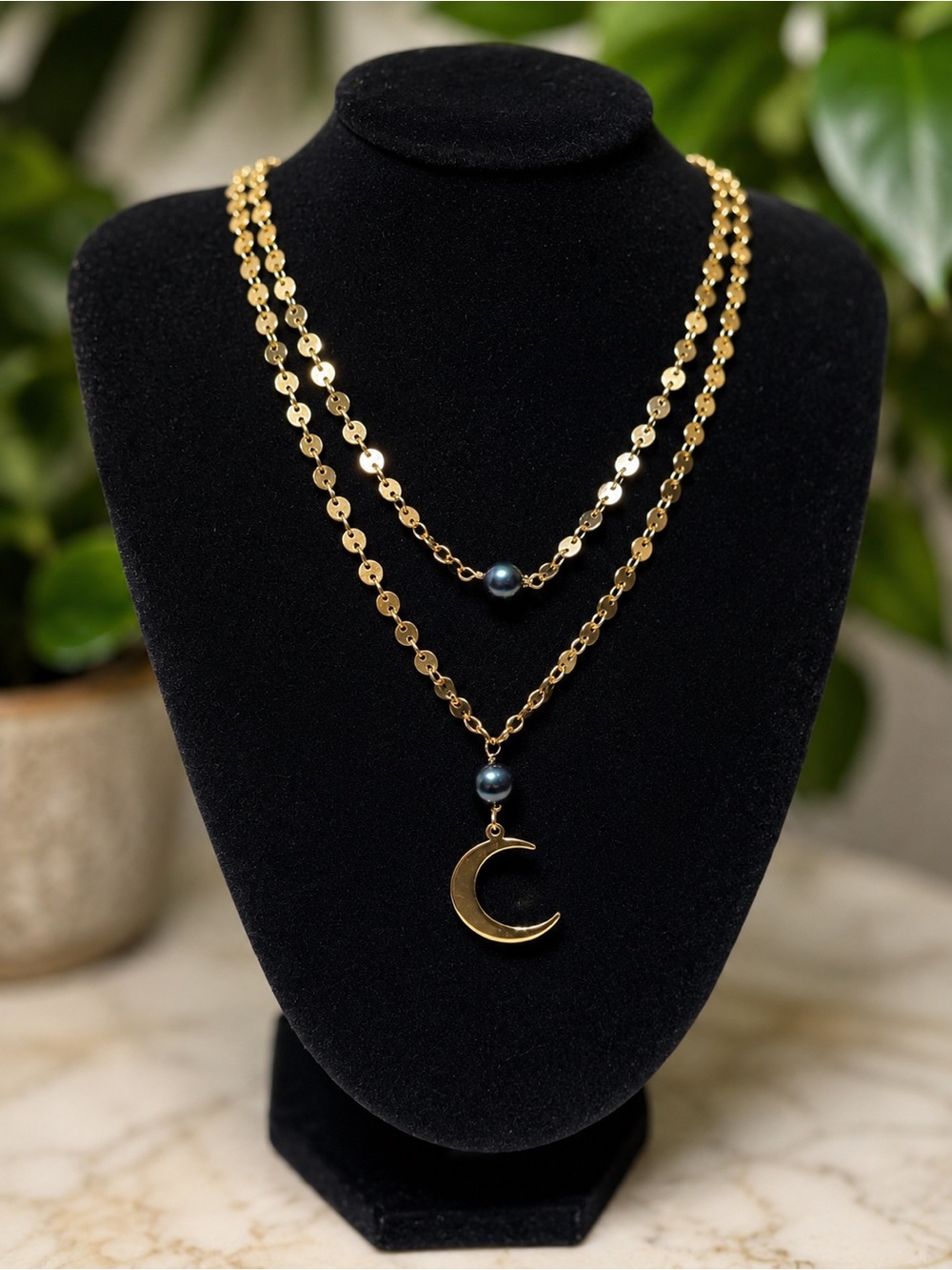 Gold Crescent Moon Necklace With Real Pearls- handmade
